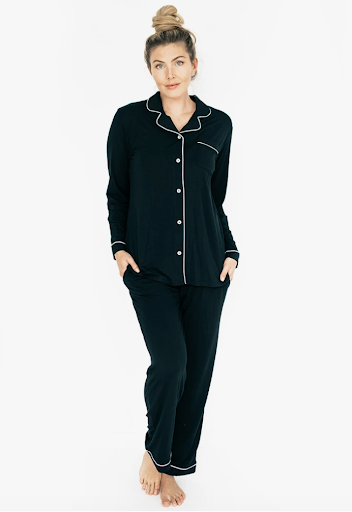 woman wearing black nursing pajamas